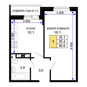 1 комнатная 36.6м²