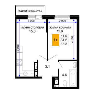 1 комнатная 35.8м²