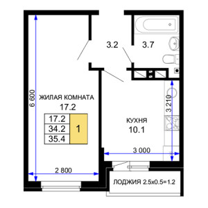 1 комнатная 35.4м²