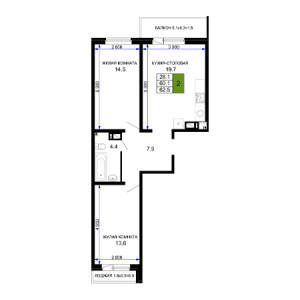 2 комнатная 62.5м²