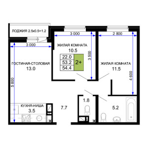 2 комнатная 54.4м²