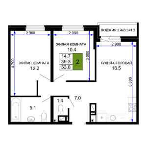 2 комнатная 53.8м²