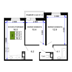 2 комнатная 52.2м²