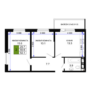 2 комнатная 52.1м²