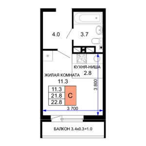 Студия 22.8м²