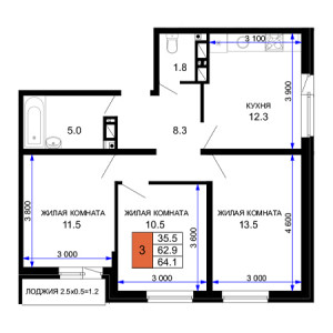 3 комнатная 64.1м²