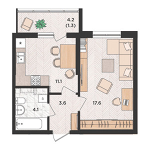 1 комнатная 37.7м²