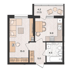 1 комнатная 35.7м²