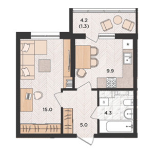 1 комнатная 35.5м²