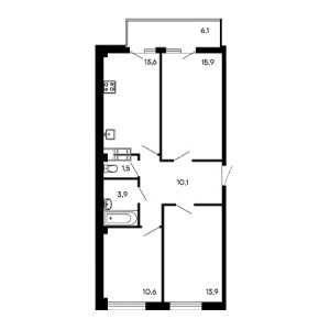 3 комнатная 75.6м²