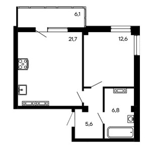 1 комнатная 52.8м²