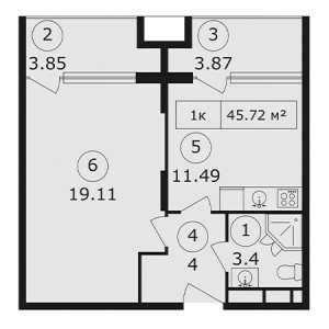 1 комнатная 45.72м²