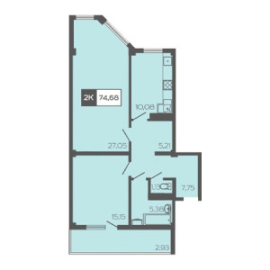 2 комнатная 74.68м²