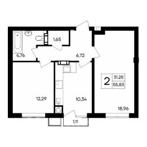 2 комнатная 55.83м²