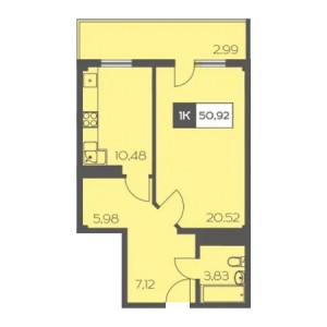 1 комнатная 50.92м²