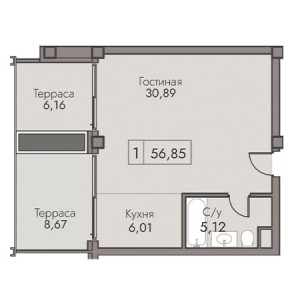 1 комнатная 56.85м²