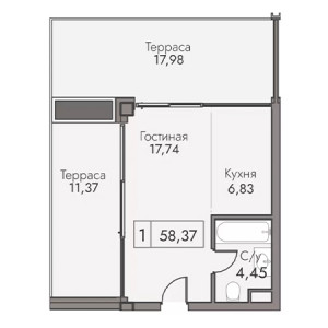 1 комнатная 58.37м²