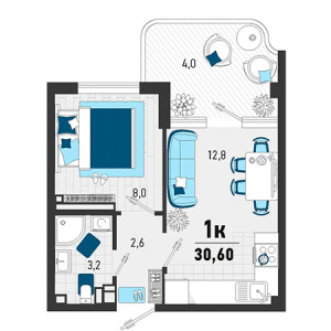 1 комнатная 30.6м²