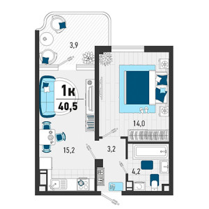 1 комнатная 40.5м²