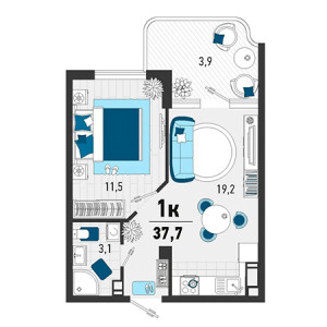 1 комнатная 37.7м²