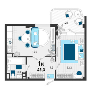 1 комнатная 43.3м²