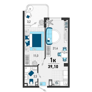 1 комнатная 39.1м²