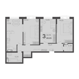 3 комнатная 80.05м²