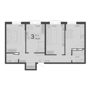 3 комнатная 74.21м²