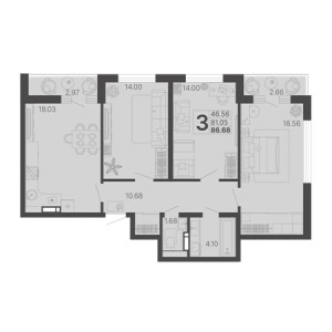 3 комнатная 86.68м²