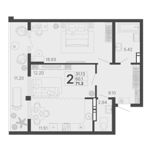 2 комнатная 71.3м²