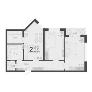 2 комнатная 70.64м²