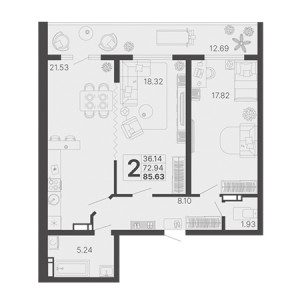 2 комнатная 85.63м²