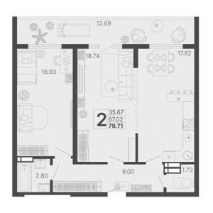 2 комнатная 79.71м²