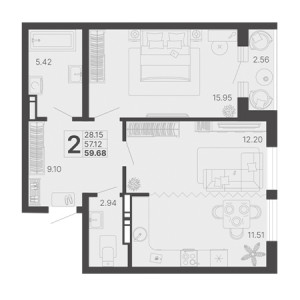 2 комнатная 59.68м²