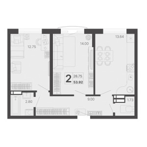 2 комнатная 53.92м²