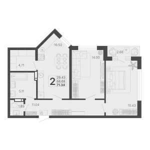 2 комнатная 71.34м²