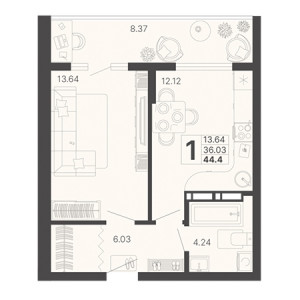 1 комнатная 44.4м²