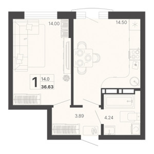 1 комнатная 36.63м²