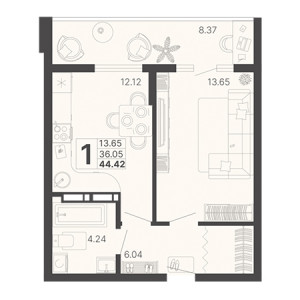 1 комнатная 44.42м²