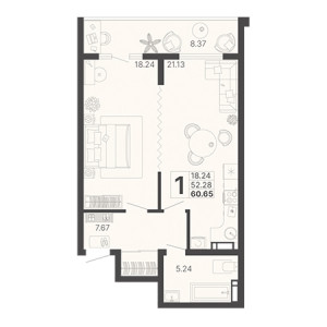 1 комнатная 60.65м²