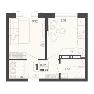 1 комнатная 28.56м²