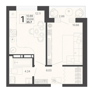 1 комнатная 35.7м²