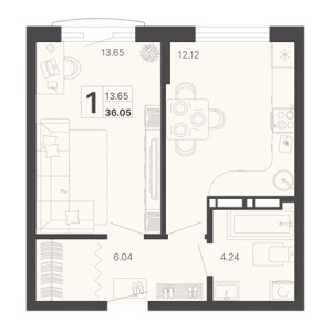 1 комнатная 36.05м²