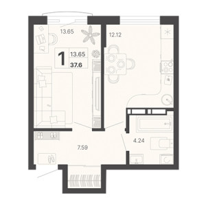 1 комнатная 37.6м²