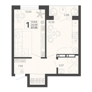 1 комнатная 37.35м²