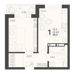 1 комнатная 35.5м²