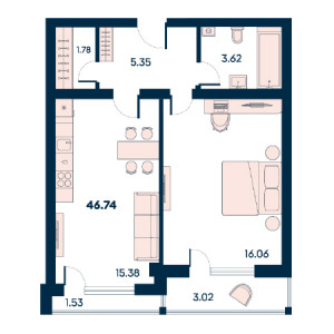 1 комнатная 46.74м²