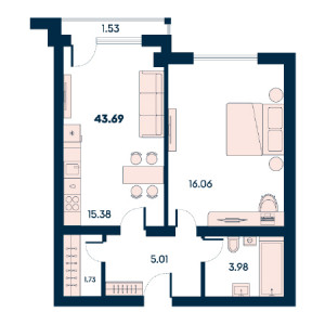 1 комнатная 43.69м²