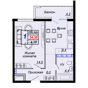 1 комнатная 38.5м²