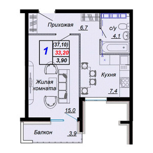 1 комнатная 37.1м²